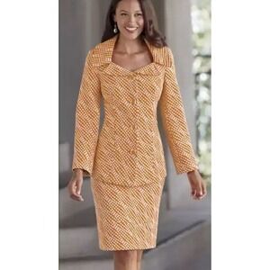 Yellow White Dot Print Suit Size 6 Jacket Skirt Set Business Professional